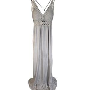 Free People Inspired Boho Maxi Dress Slate Grey Crochet Lace Bralette Bodice L